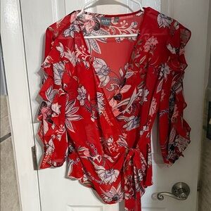 Soho Red and White Floral Ruffle Blouse